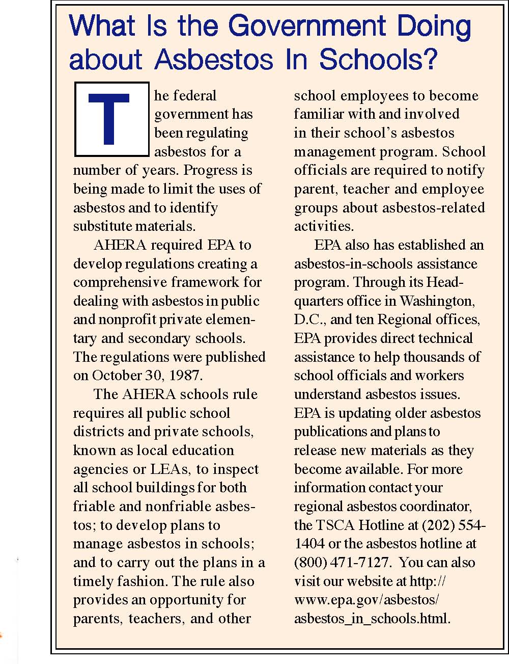 Graphic Box showing what the government is doing about Asbestos in Schools