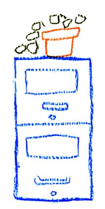 Drawing showing a file cabinet with a plant on top and a drawer labeled 