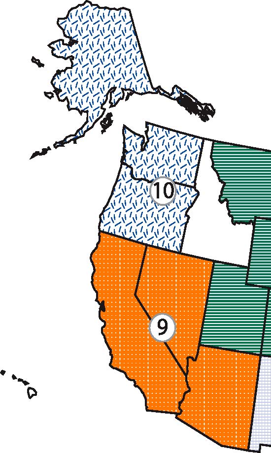 Map of the United States showing the boundaries of EPA Regions