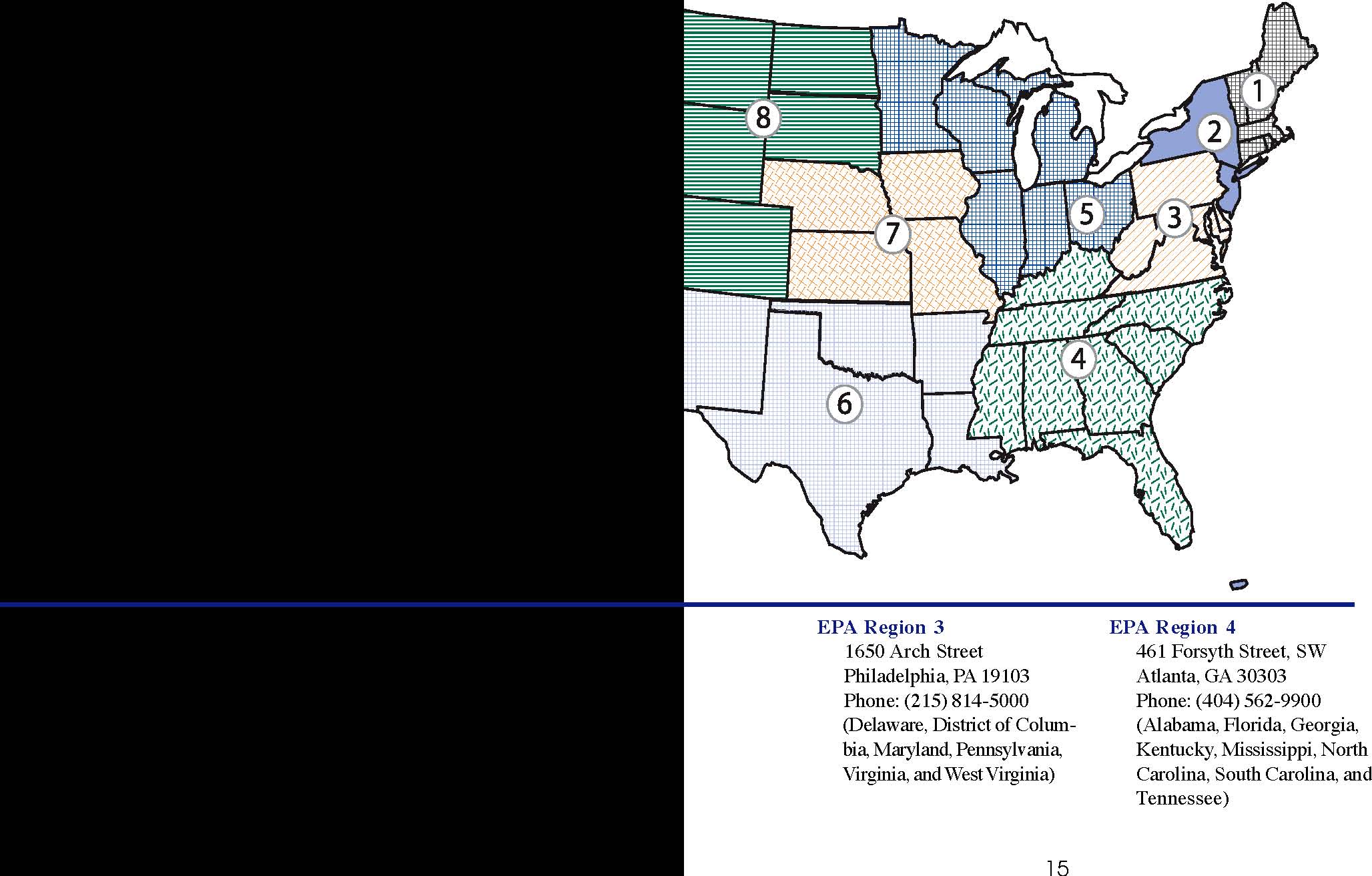 Map of the United States showing boundaries of EPA Regions and COntact info for Regions 3 and 4